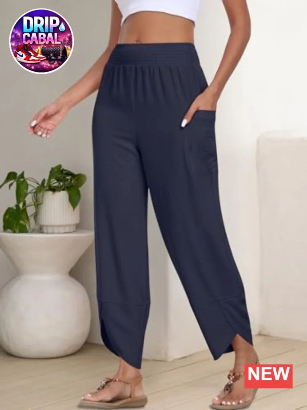 Womens Wide Leg Palazzo Capri Barrel Pants High Waisted Cropped Trousers